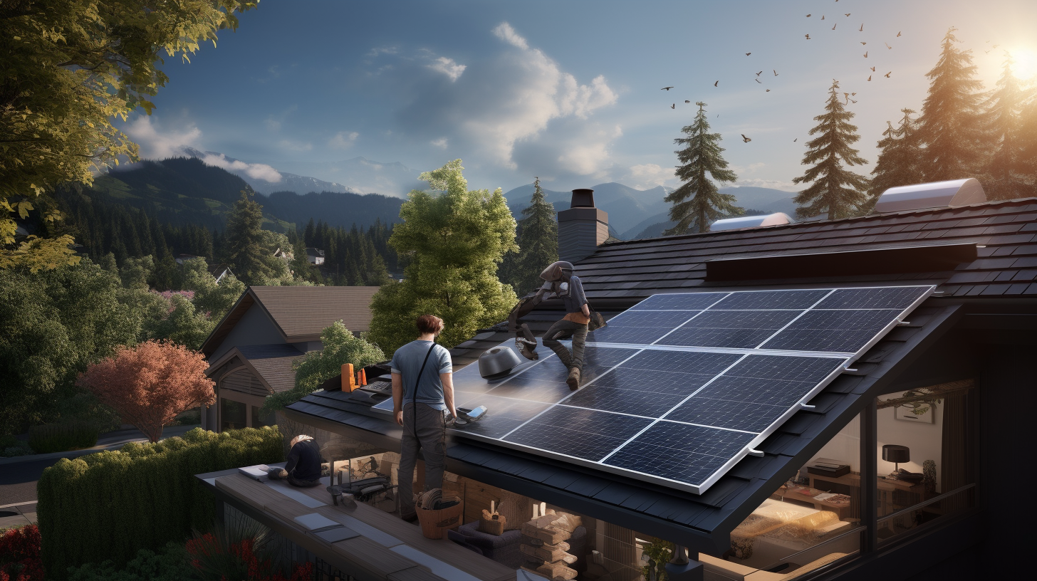 Ein fotorealistisches Bild zeigt die Installation einer Solaranlage auf dem Dach eines Einfamilienhauses am Tag. Man sieht eine Person, die mit Sicherheitsausrüstung ausgestattet ist und die Solarpaneele überprüft.