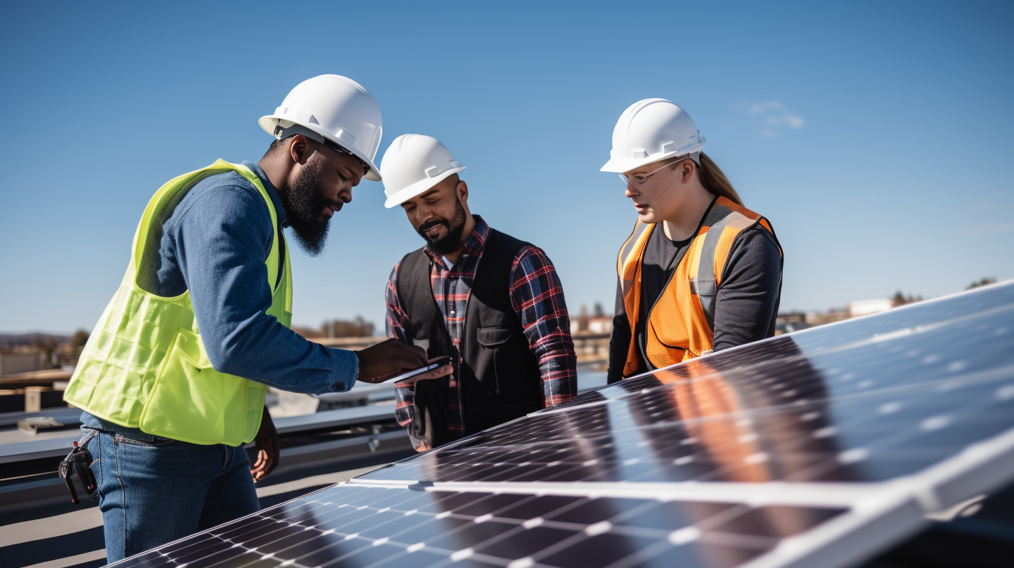 Eine Gruppe von Fachleuten, die eine Dachfläche für die Installation von Solarpanelen bewertet.