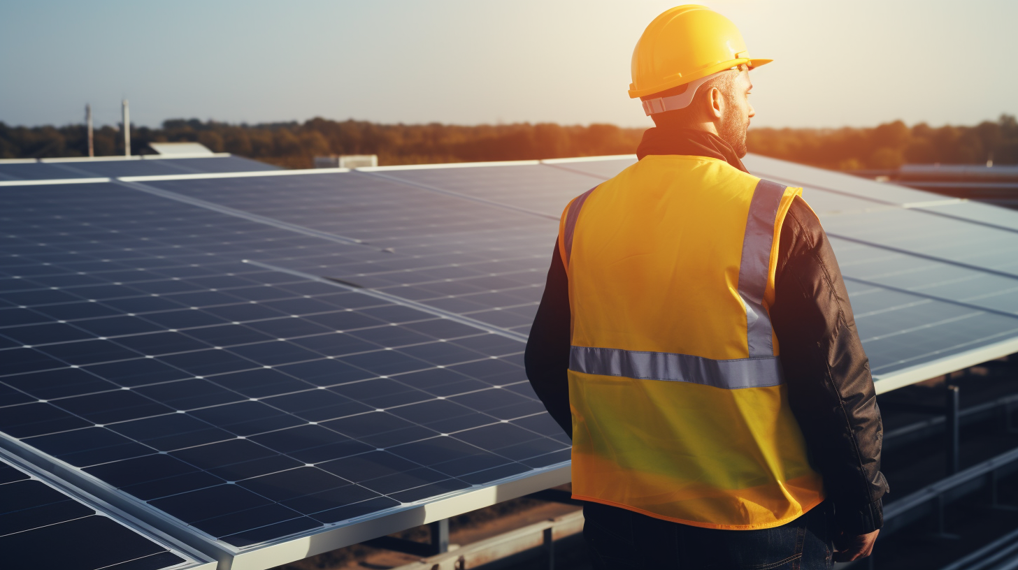 Eine Nahaufnahme zeigt einen Fachmann, der eine große Solarpanel-Anlage inspiziert, die auf dem Dach eines Gebäudes installiert ist.