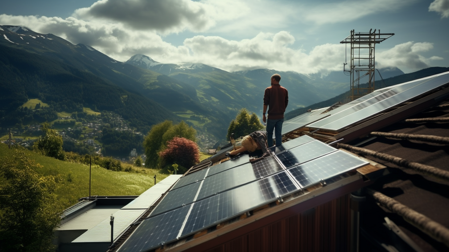 Ein professioneller Installateur, der auf einem Dach eine Solaranlage montiert.