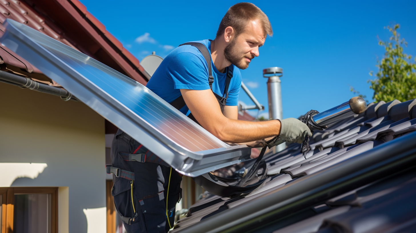 Ein Profi installiert einen solarbetriebenen Wassererhitzer auf dem Dach eines Hauses.