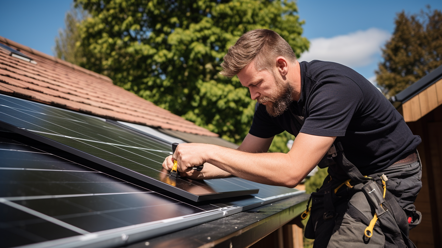 Ein Fachmann installiert ein Solarmodul auf dem Dach eines Gartenschuppens.