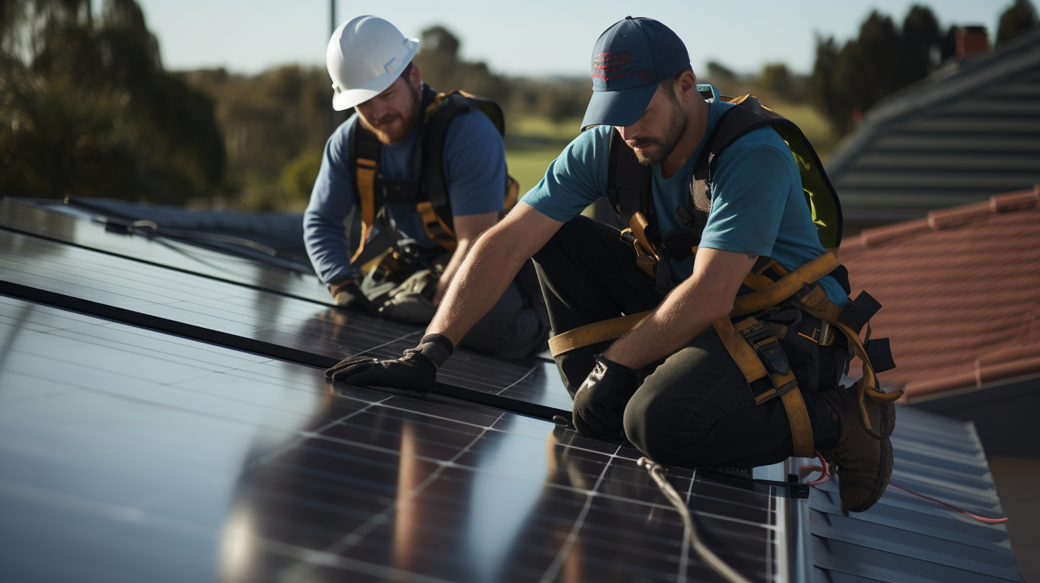 Ein professionelles Team installiert Solarpanels auf dem Dach eines Hauses, was die Nahaufnahme der Panelmontage und den Gebrauch von Sicherheitsausrüstung zeigt.