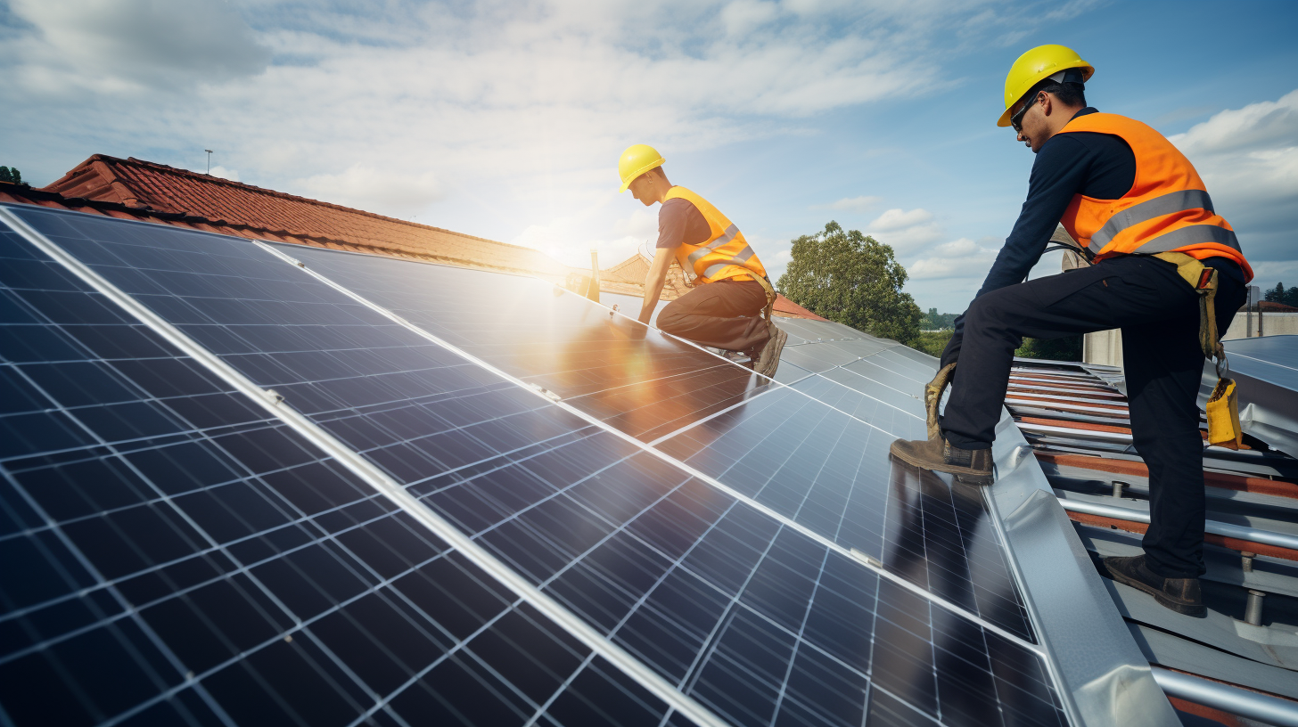 Professionelle Solarmodul-Installateure arbeiten auf einem Dach, sichern Solarmodule und installieren einen Wechselrichter und Zähler.