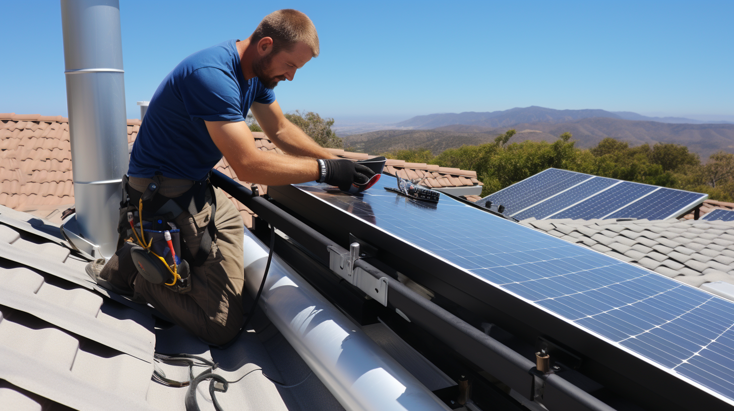 Ein professioneller Solarpanel-Installateur montiert Solar-Wasserheizungsplatten auf einem Dach und verbindet sie mit dem Speichertank und den Pumpen.