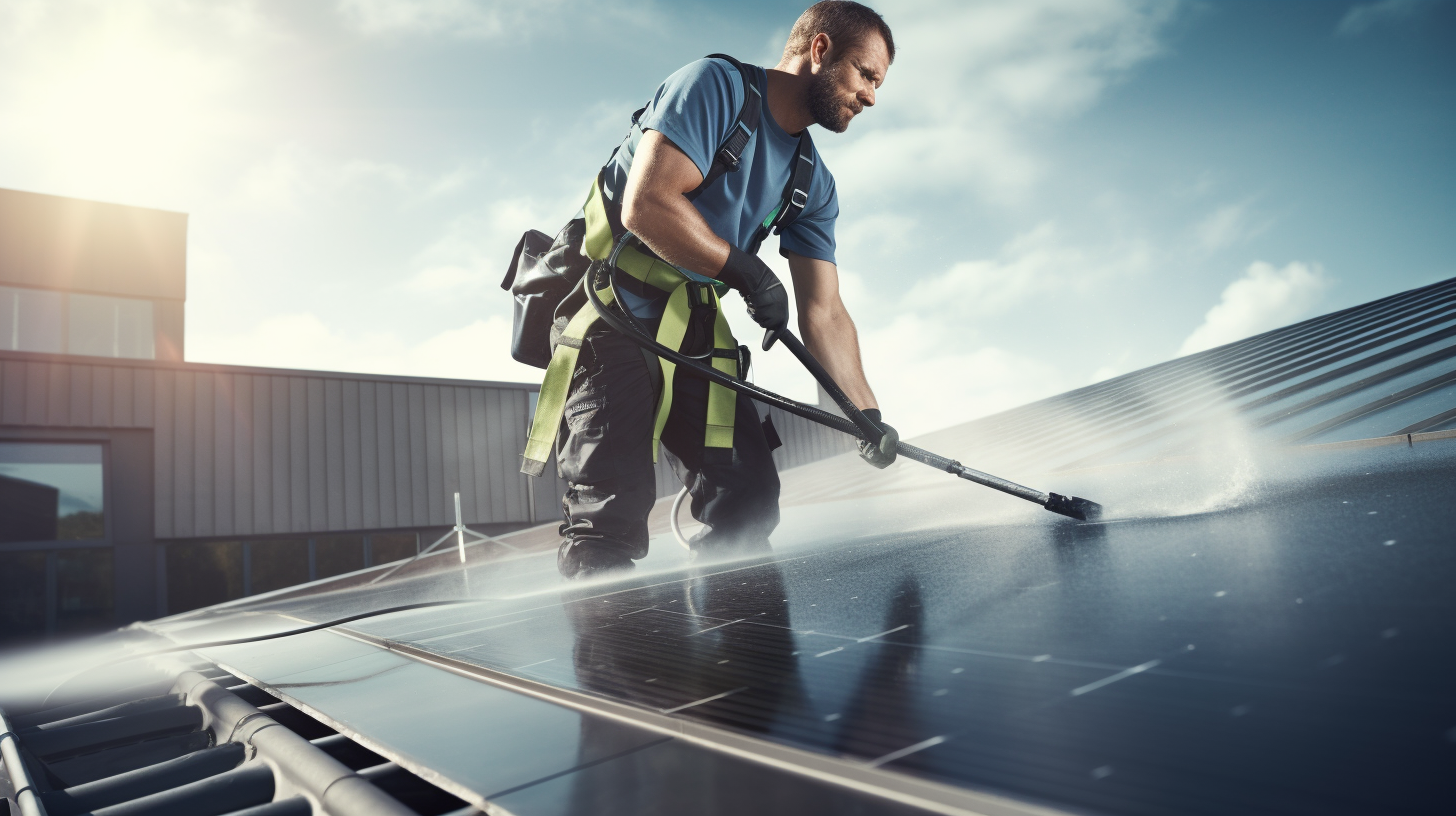 Ein Mann reinigt professionell ein Solarmodul auf einem Dach mit einem weichen Tuch und einem Wasserschlauch.