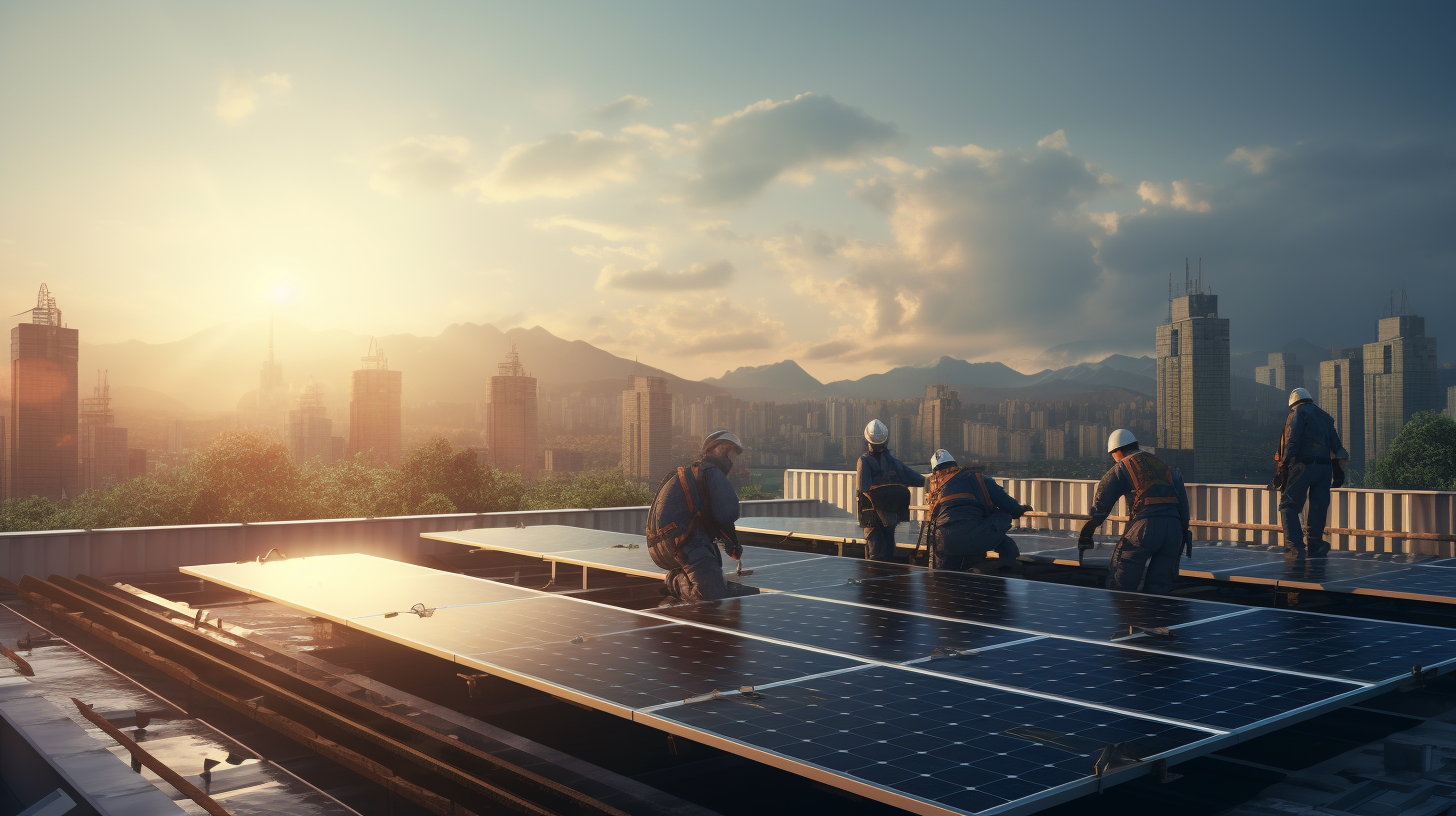 Eine Gruppe professioneller Solarmodul-Installateure arbeitet auf einem Dach.