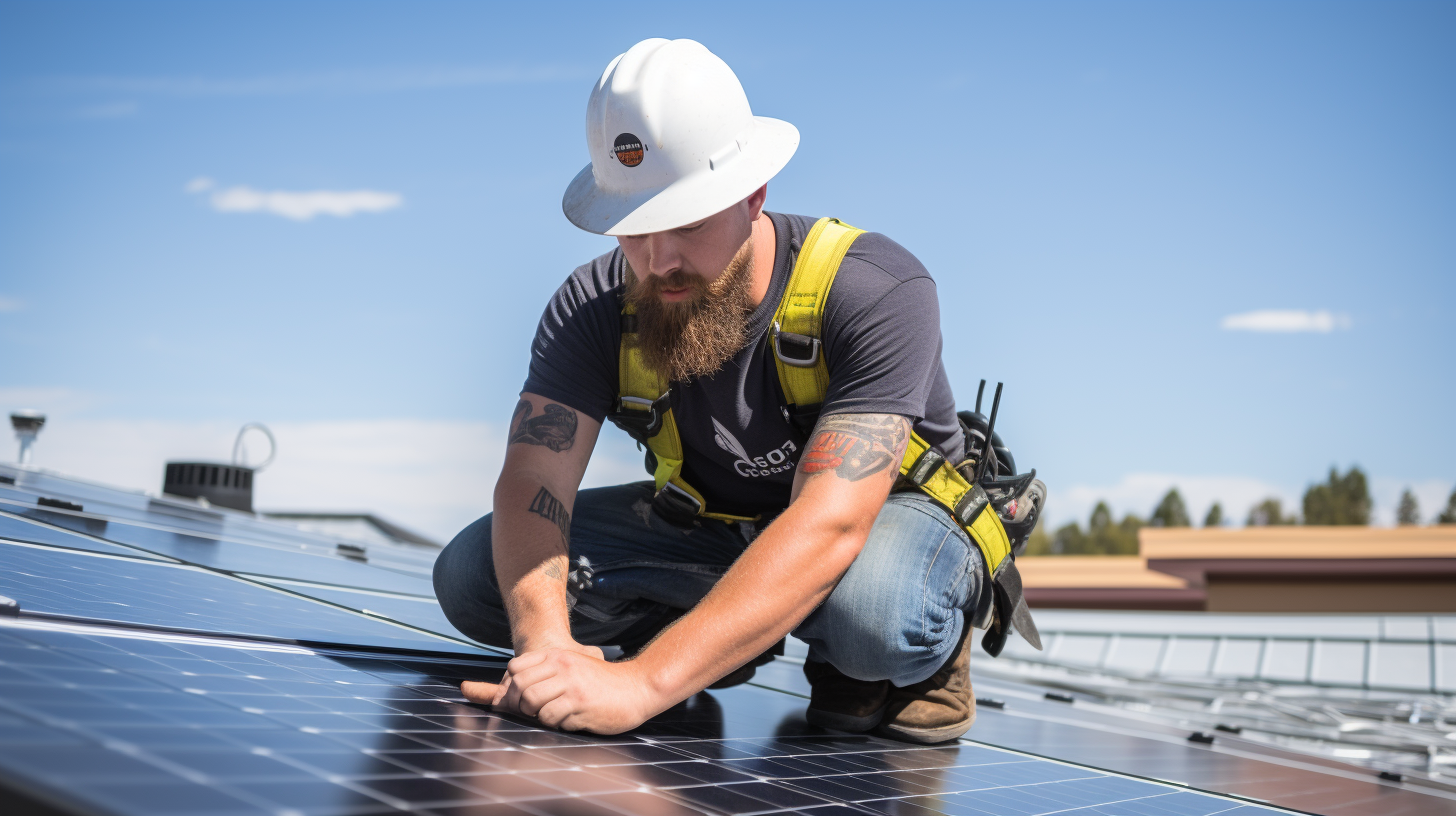 Ein professioneller Solarmodul-Installateur arbeitet auf dem Dach. Der Fokus liegt auf den Verbindern, um auf Sicherheit und korrekte Installation hinzuweisen.