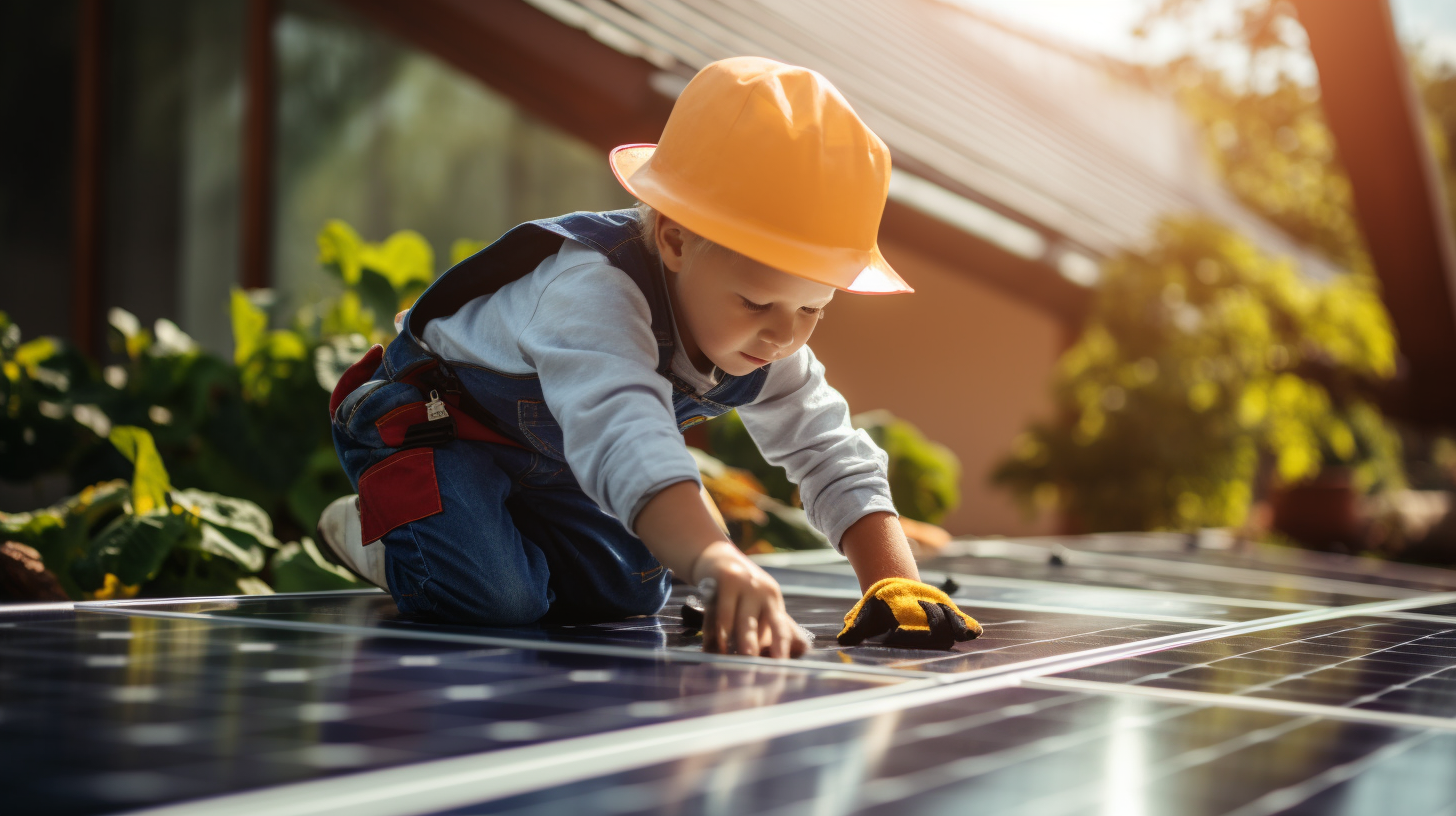 Ein professioneller Solarpaneel-Installateur mit Sicherheitsausrüstung, der ein Solarpaneel in einem sonnigen Garten installiert.