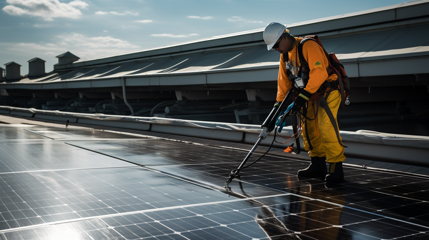 Ein professioneller Reiniger trägt Sicherheitsausrüstung, während er Solarpaneele reinigt.
