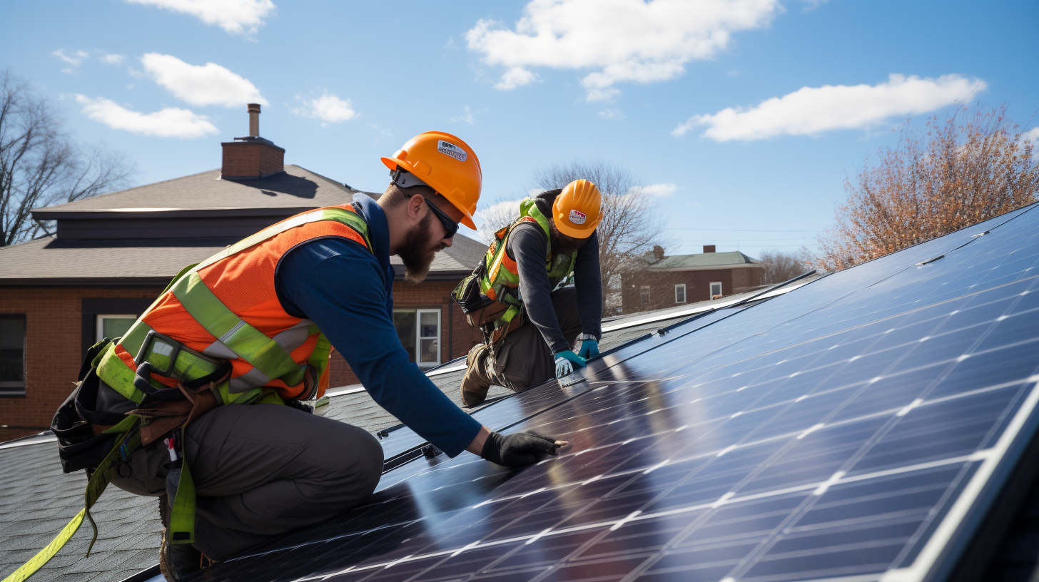 Ein Team von Fachleuten installiert Solarpaneele auf einem Wohngebäude, was die praktische Anwendung von Bundesmitteln für Energieeffizienz veranschaulicht.