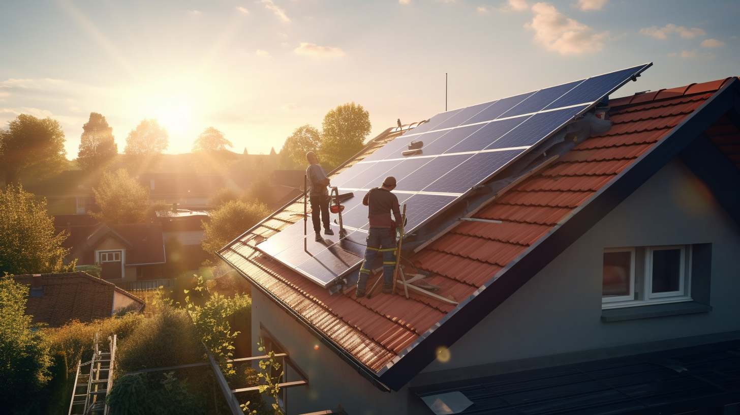 Ein Team von professionellen Installateuren montiert Solarmodule auf dem Dach eines Hauses. Einer von ihnen verbindet den Wechselrichter, während die anderen die Paneele anbringen. Die Sonne scheint hell und die Stimmung im Team ist positiv.