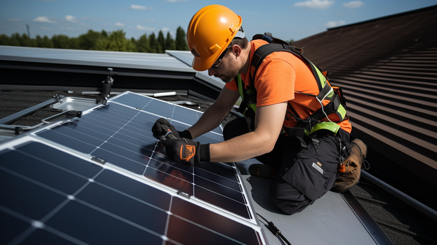 Ein professioneller Installateur auf einem Dach befestigt die Solarmodule eines Sonnenkraftsystems. In der Zwischenzeit sind auf dem Boden andere Komponenten wie ein Wechselrichter und eine Solarbatterie zur Installation bereit.