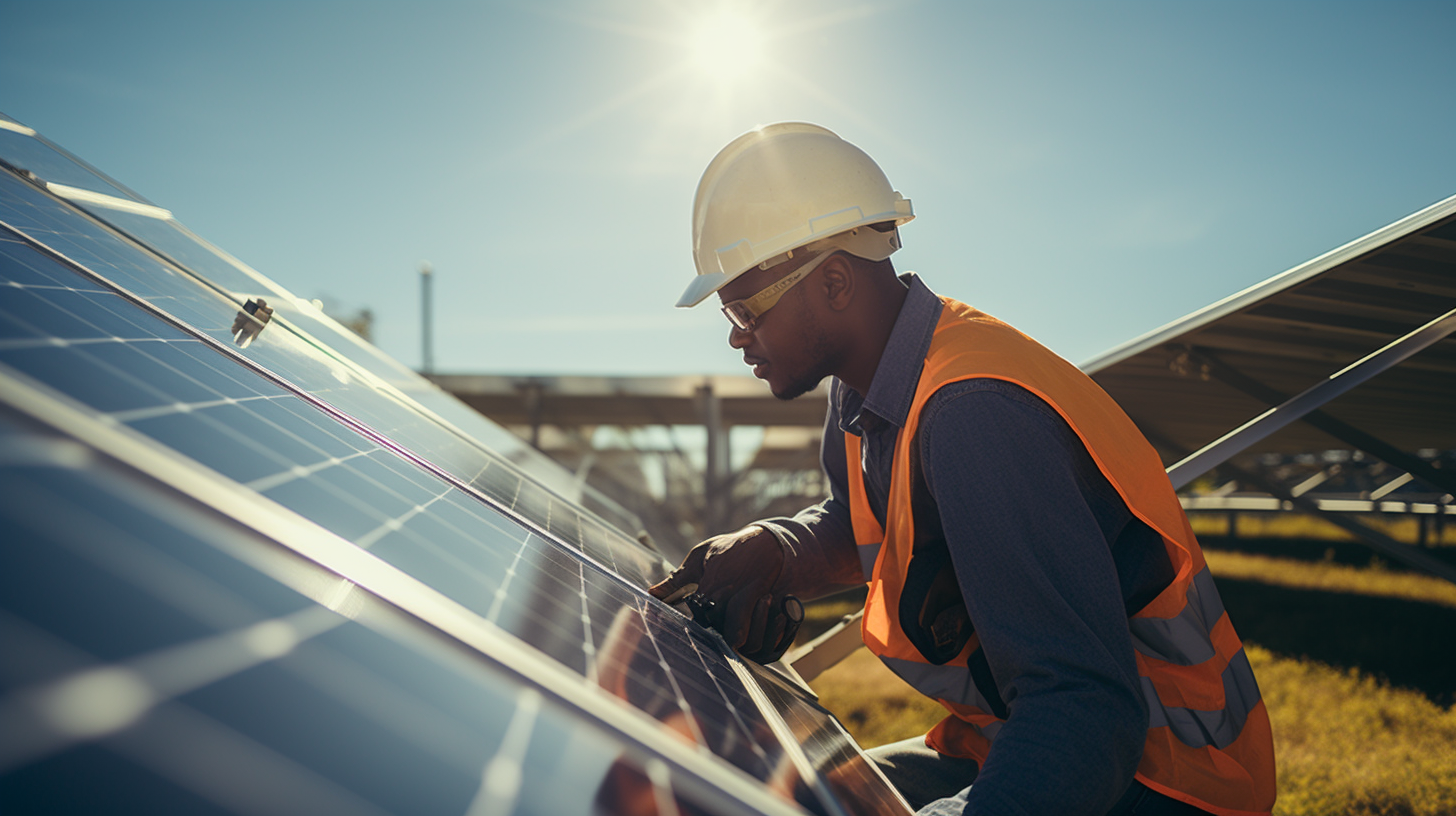 Ein professioneller Techniker überprüft ein Solarpaneel-Feld an einem sonnigen Tag.