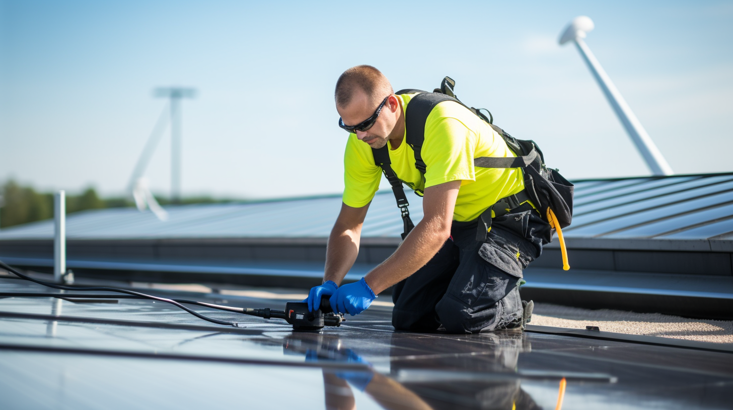 Ein professioneller Techniker reinigt Solarzellen auf einem Dach.