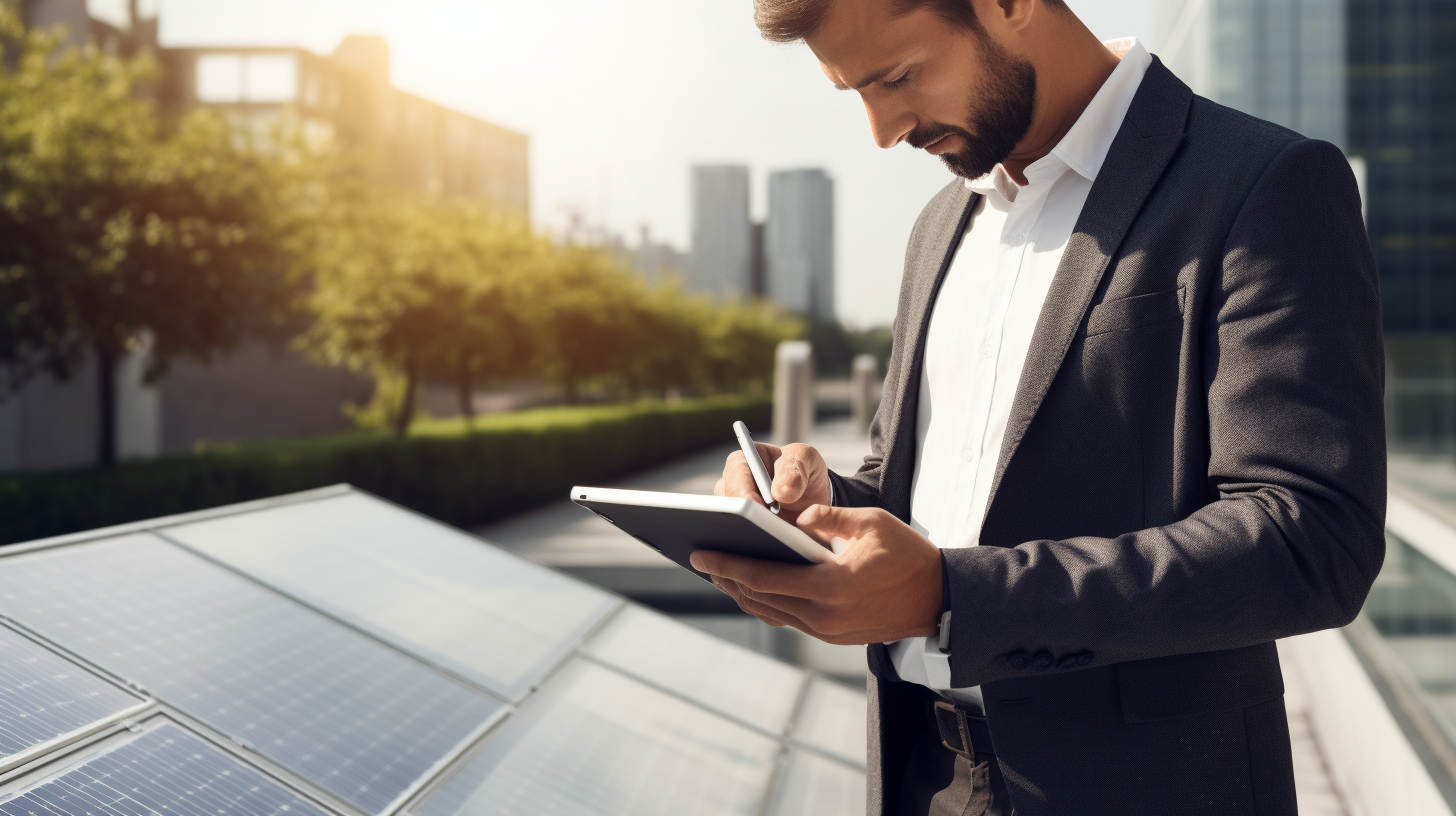 Ein Profi analysiert Kosten auf einem Tablet, während im Hintergrund eine kleine Solaranlage auf einem Dach zu sehen ist.