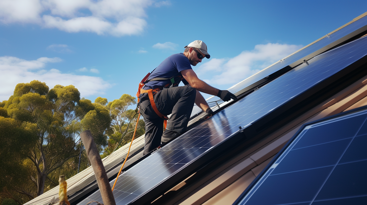 Ein Fachmann installiert Solarpaneele auf einem großen Dach