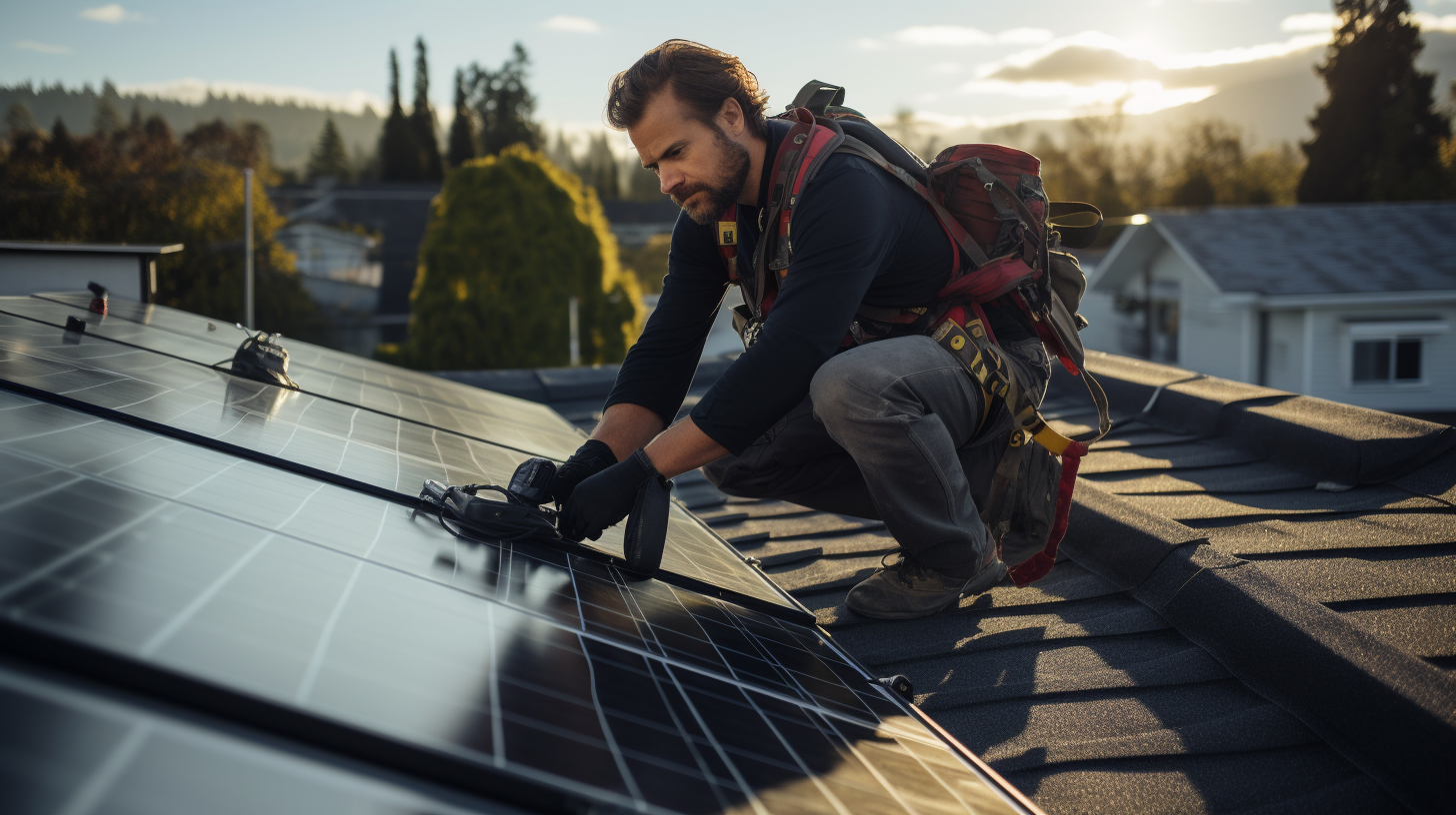 Eine professionell aussehende Person, die auf einem Dach Solarpaneele installiert.