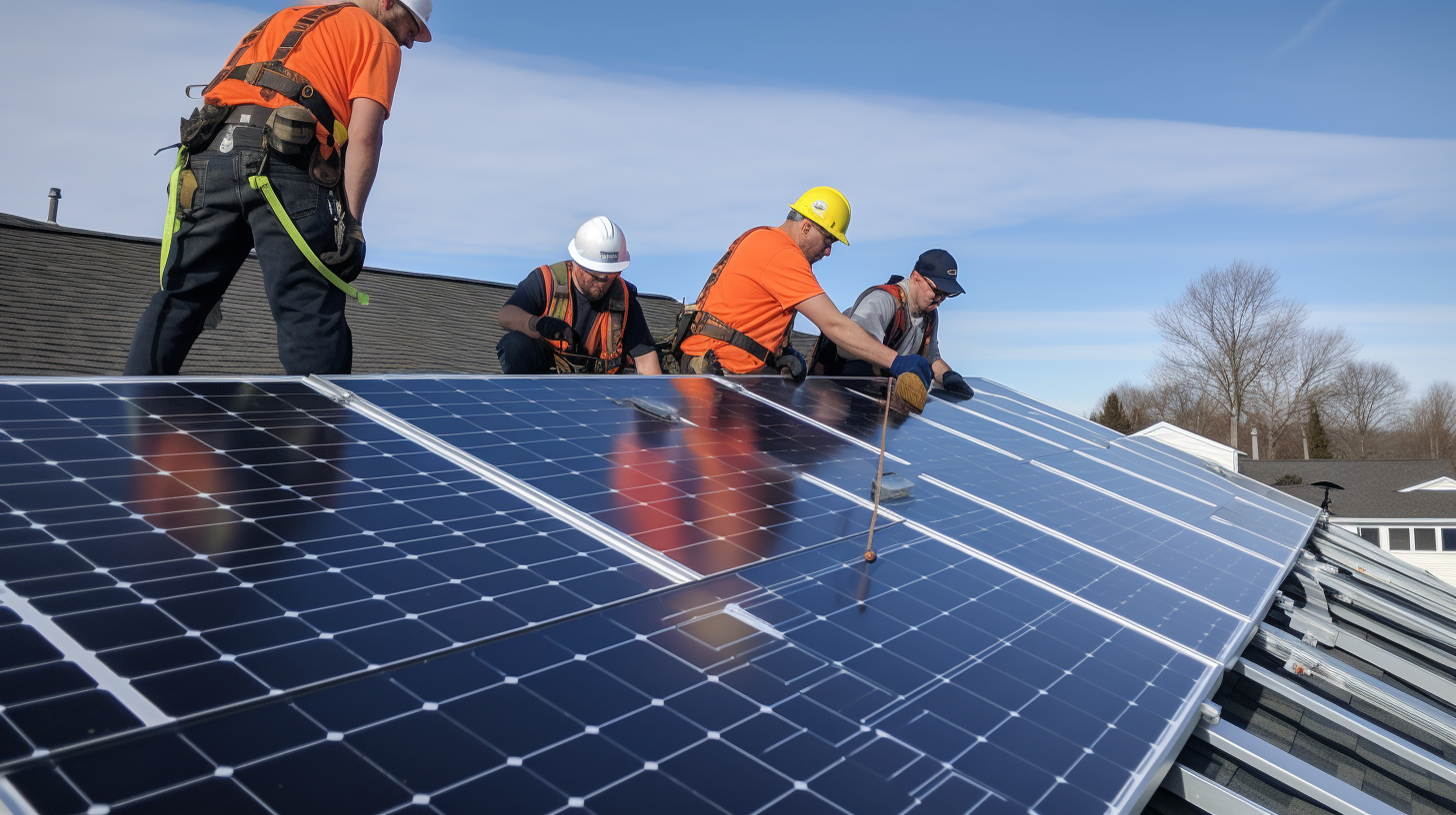 Eine Gruppe von Fachleuten installiert ein Solarmodul auf einem Dach.