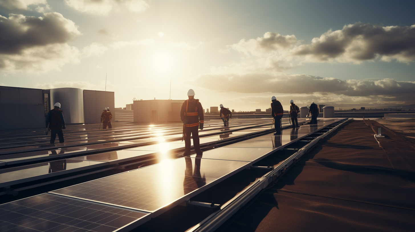 Einige Fachleute stehen auf dem Dach und installieren Solarmodule.