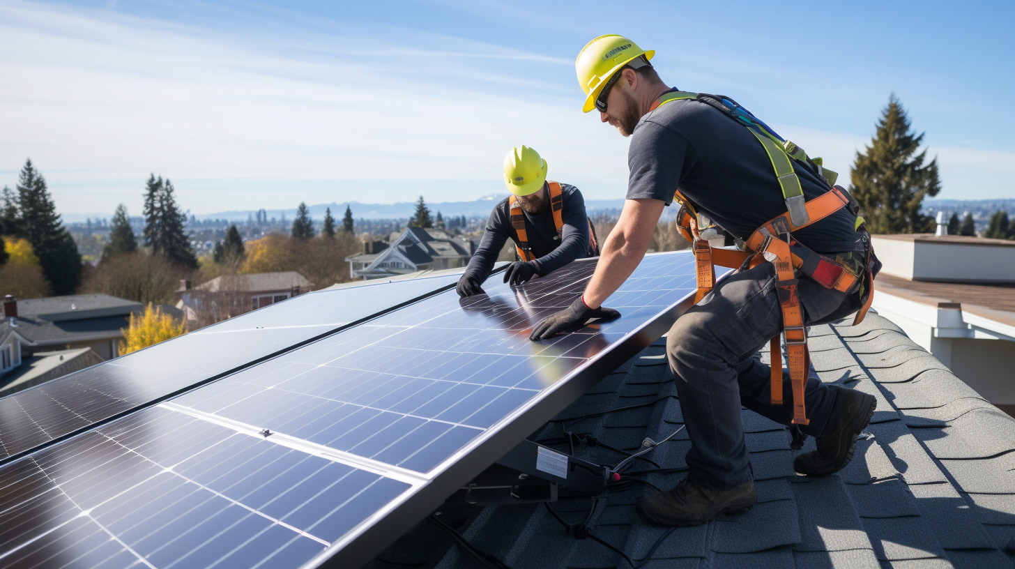 Eine Gruppe von Fachleuten installiert ein Solarmodulsystem auf einem Dach.
