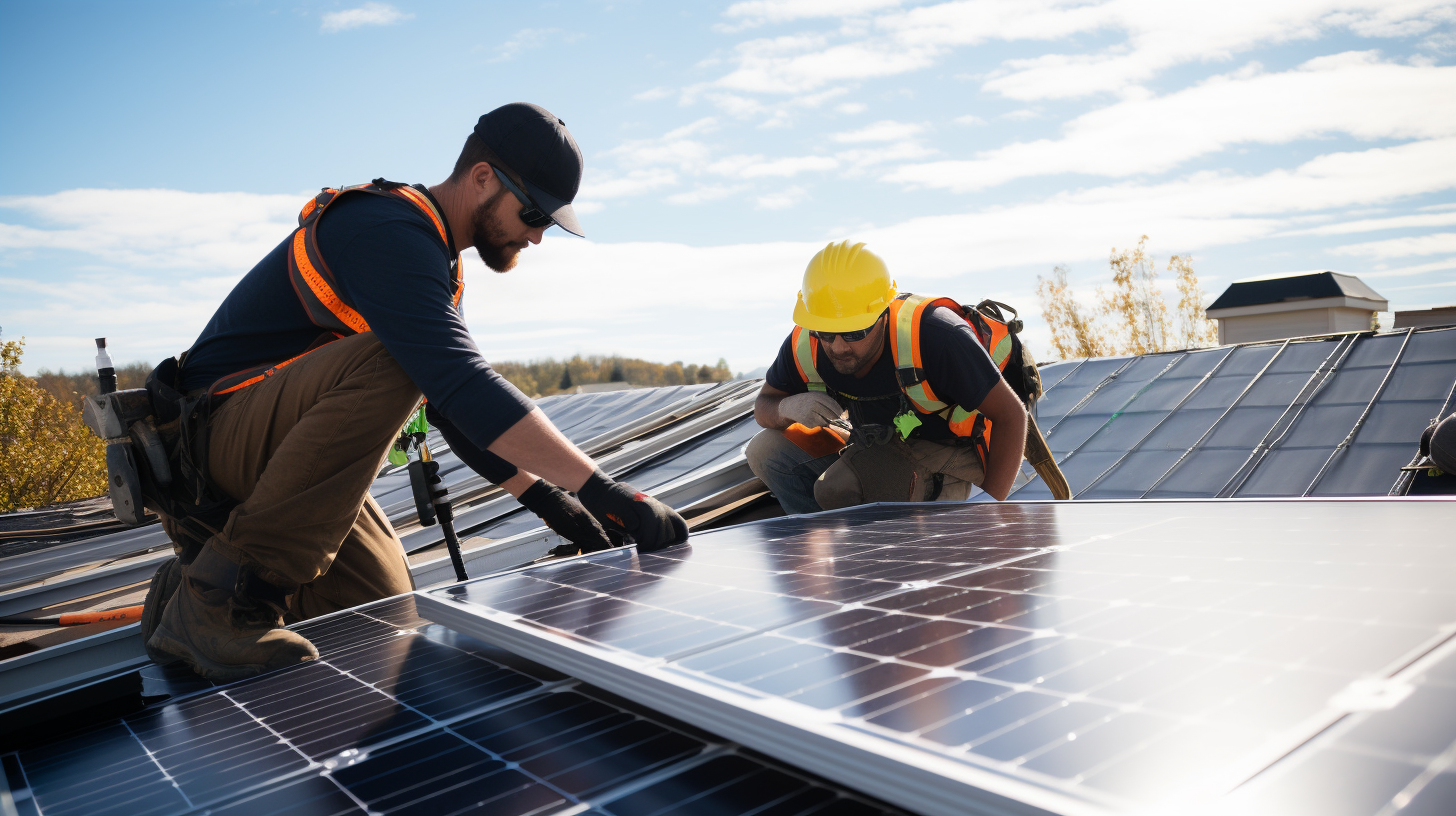 Bild von Fachleuten, die ein Solarmodulsystem auf einem Dach installieren.