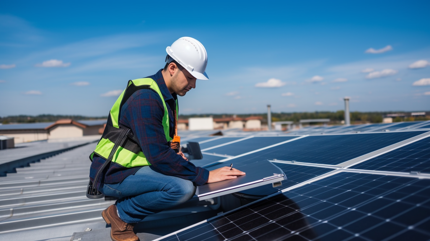 Ein professioneller Solartechniker führt eine Inspektion eines Solarenergiesystems auf einem Dach durch.