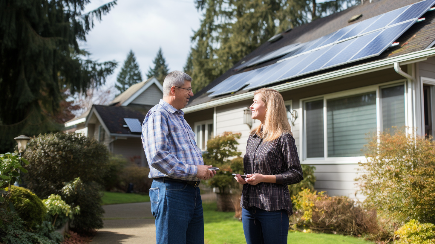 Ein Regierungsbeamter spricht mit einem Hausbesitzer über Anreize für Solarmodule