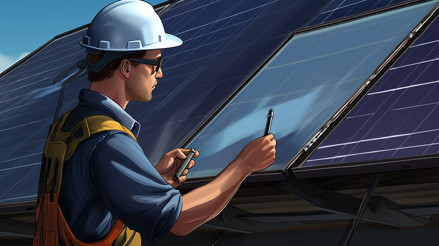 Eine Nahaufnahme eines Handwerkers, der ein Solarpanel untersucht, mit einem Notizblock in seiner Hand, auf dem er benötigte Reparaturen notiert.