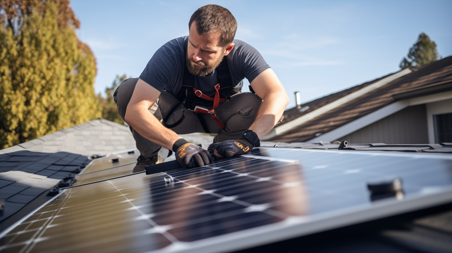 Ein begeisterter Heimwerker installiert sorgfältig Solarpaneele auf dem Dach und zeigt dabei verschiedene Werkzeuge und Materialien, die im Prozess verwendet werden.
