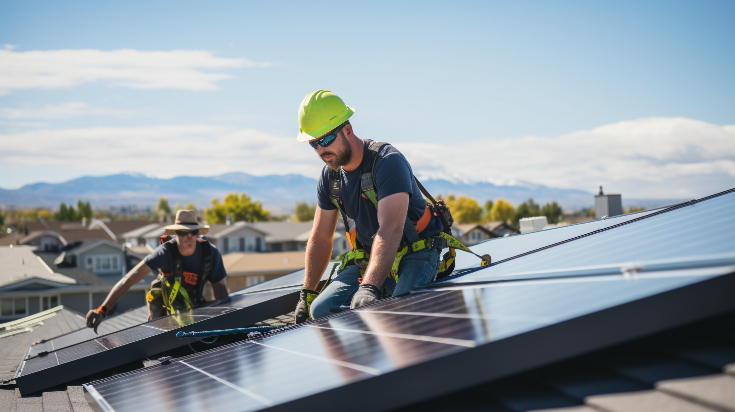 Eine örtliche Service-Crew für die Installation von Solarpanelen, die gerade Solarpanelen auf dem Dach eines Hauses installiert und dabei Sicherheitsprotokolle einhält.