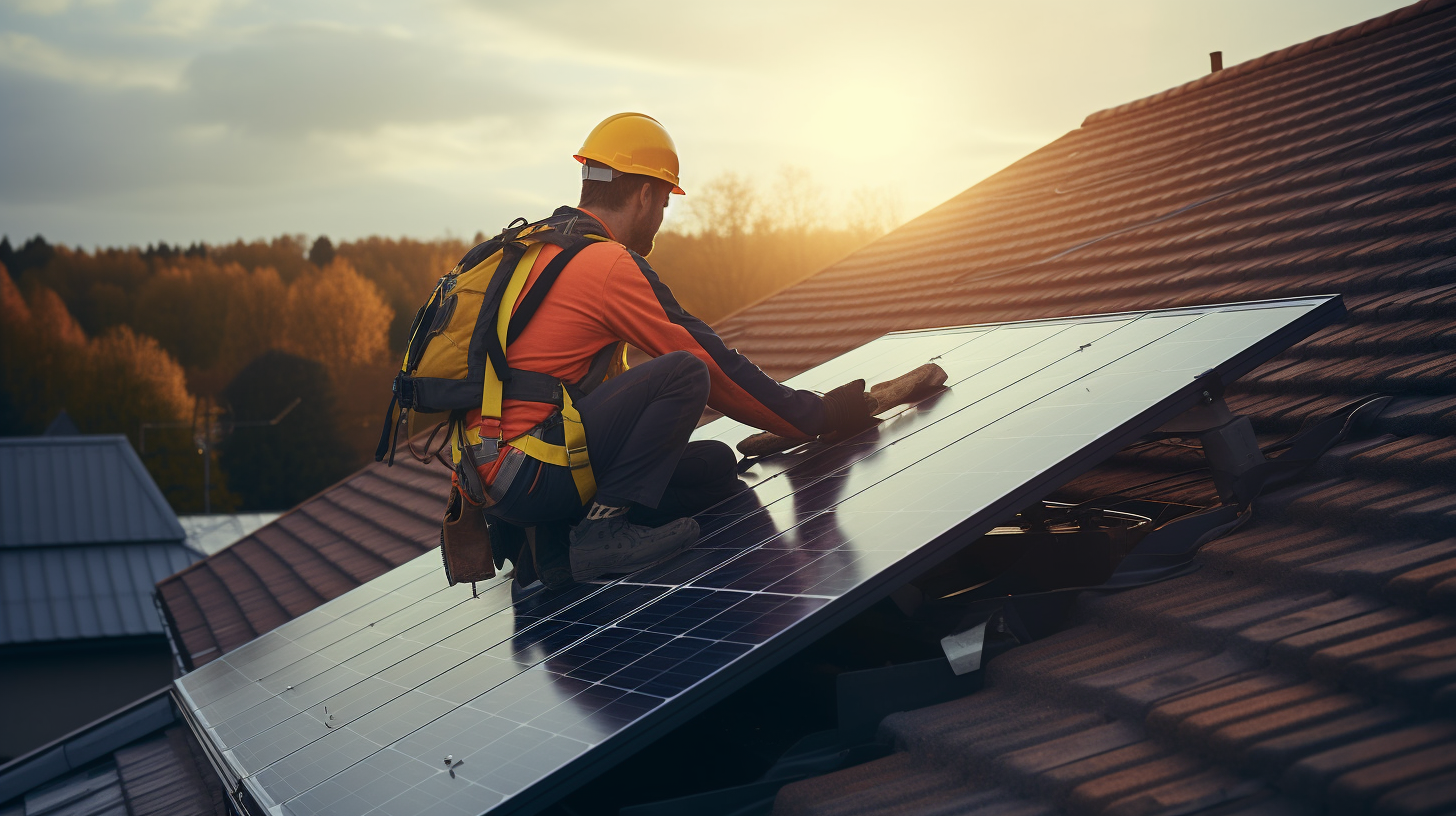 Eine Person, ausgestattet mit der richtigen Schutzausrüstung, installiert Solarpanel auf einem Dach.