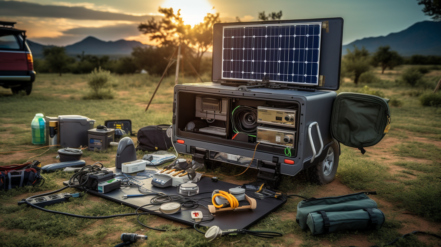 Eine Collage der wesentlichen Bestandteile eines Solarcamping-Systems, wie ein Solarpanel, Laderegler, Batterie und Wechselrichter, ansprechend arrangiert.