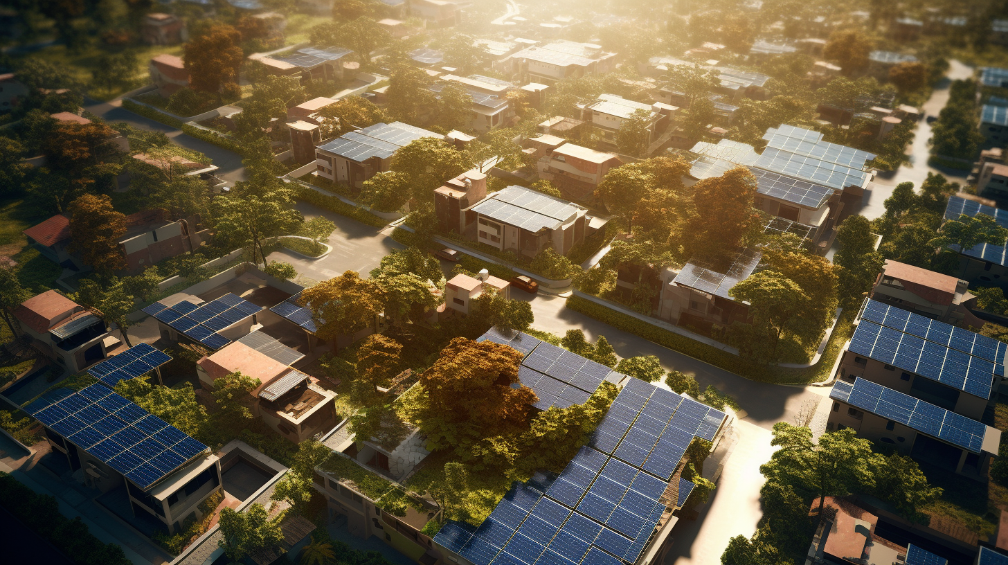Luftaufnahme eines dicht bebauten Wohngebiets, in dem jedes Haus mit Solarpanelen ausgestattet ist, was eine Gesellschaft darstellt, die gut an die Nutzung von Solarenergie angepasst ist.
