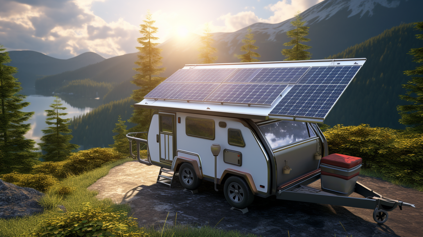 Ein fotorealistisches Bild zeigt einen Wohnwagen, der an einem malerischen Ort parkt, mit fest montierten Solarpanelen auf dem Dach.
