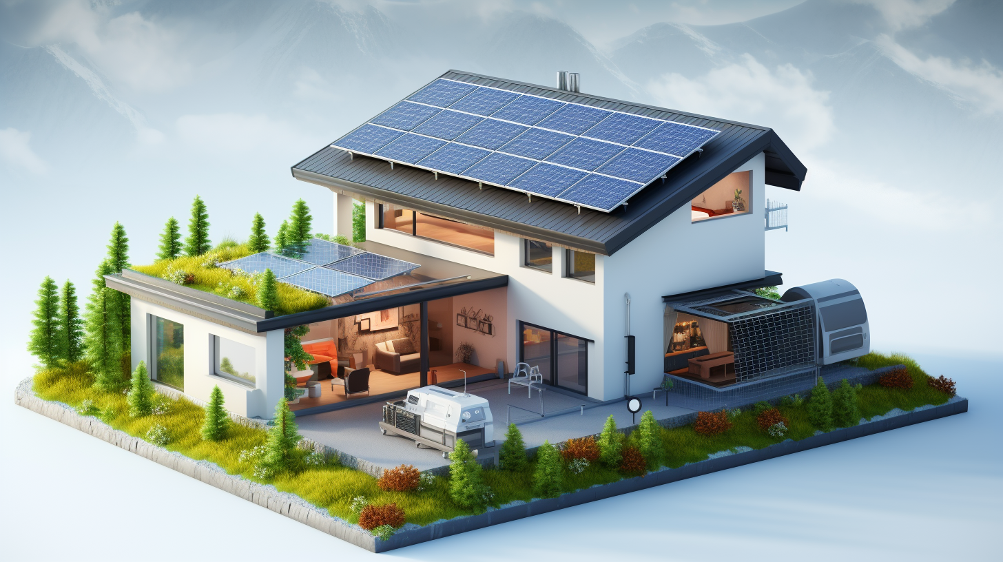 Ein Haus mit Solarmodulen auf dem Dach und einem Batteriespeichersystem, welches den Fluss der Solarenergie zum und vom Akku sowie zum Haus zeigt.