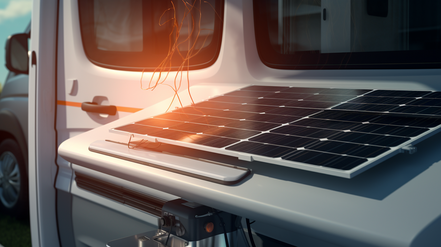Eine fotorealistische Darstellung zeigt ein auf einem Wohnmobil installiertes Solarmodul, mit Pfeilen, die den Energiefluss vom Sonnenlicht zur Solarbatterie hin zu den elektrischen Geräten im Wohnmobil anzeigen.