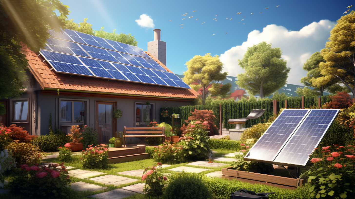 Ein Haushalt an einem hellen Tag mit einem Garten, in dem Solarpaneele deutlich sichtbar installiert sind und darauf hinweisen, dass sie zur Stromversorgung des Haushalts und der Gartengeräte genutzt werden.