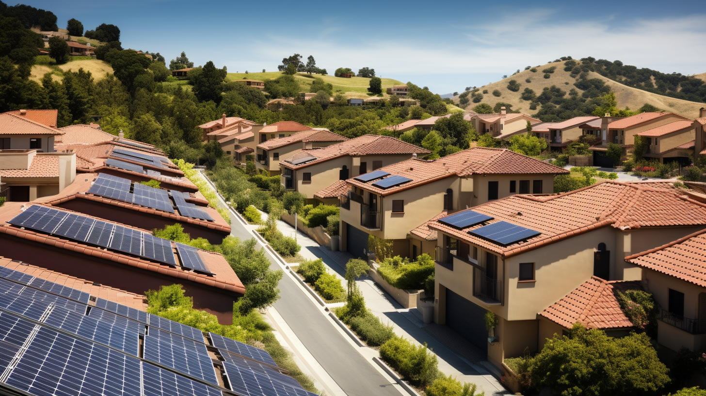 Ein hochwertiges Bild einer Vorstadtgegend mit Reihenhäusern, die alle Solarmodule auf ihren Dächern haben, zeigt die weit verbreitete Nutzung von Solarenergie.