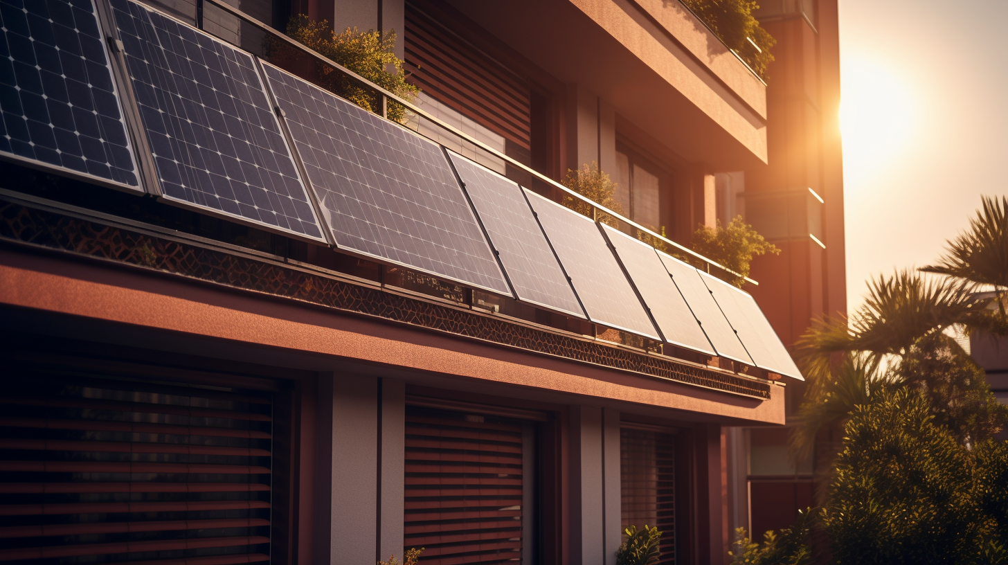 Ein auf dem Balkon eines Wohngebäudes installiertes Solarmodul, das von Sonnenstrahlen getroffen wird, unterstreicht das Konzept der Nutzung von Solarenergie.