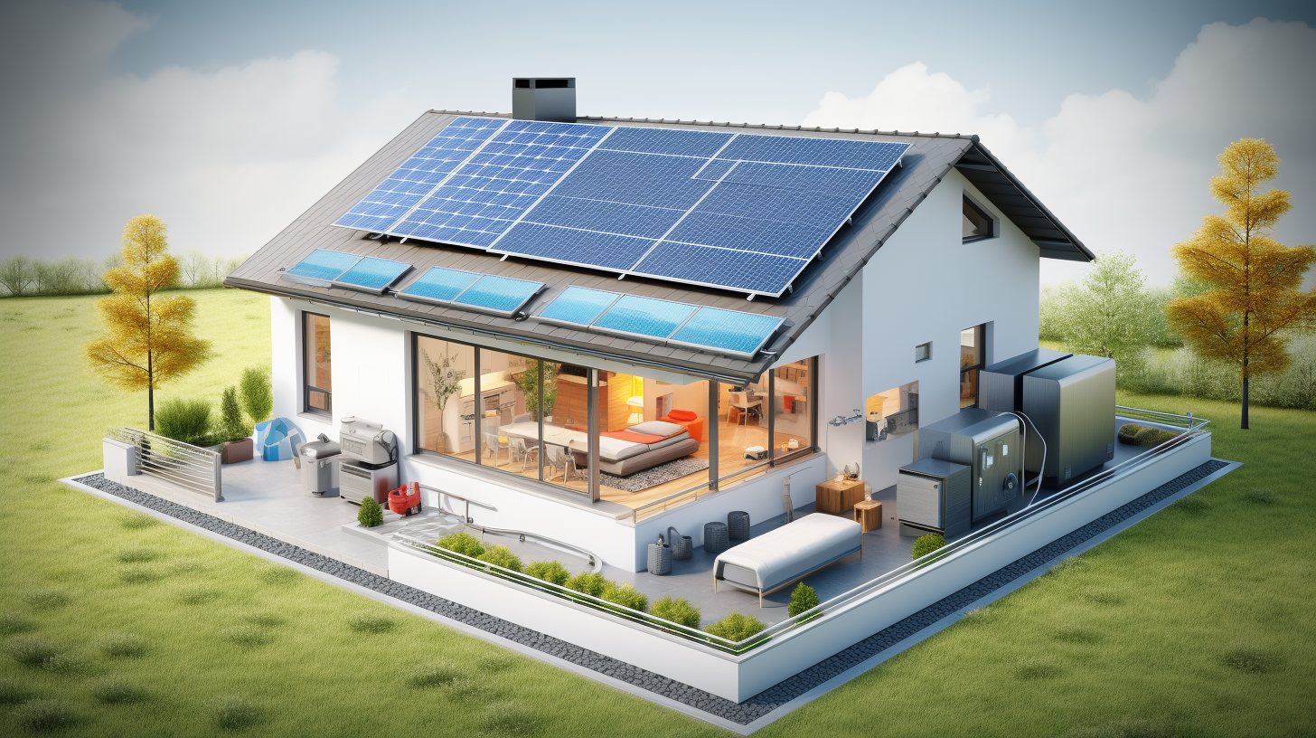 Ein Wohnhaus mit auf dem Dach installierten Photovoltaik-Solarpanels und eine ausgeschnittene Grafik, die zeigt, wie die Sonnenenergie in einer Hausenergiespeicherbatterie gespeichert wird. Das Bild vermittelt eine klare Vorstellung davon, wie ein Solarenergiesystem mit Speicherfunktion funktioniert.