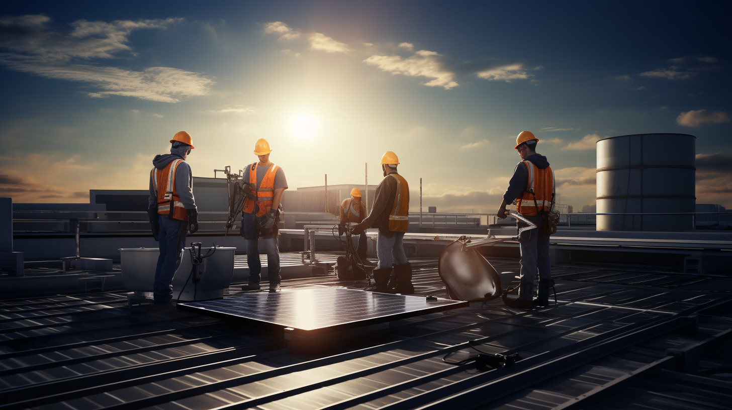 Eine Gruppe von Solartechnikern diskutiert den Installationsprozess auf einem Dach, umgeben von verschiedenen Werkzeugen und Geräten.