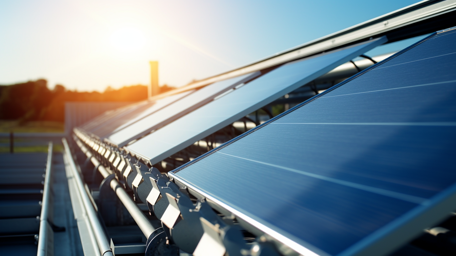 Eine Nahaufnahme einer thermischen Solaranlage auf dem Dach eines Gebäudes, die die Energie der Sonne einfängt. Sie zeigt deutlich die Paneele der Sonnenkollektoren, die bei dieser Form der alternativen Energieerzeugung verwendet werden.