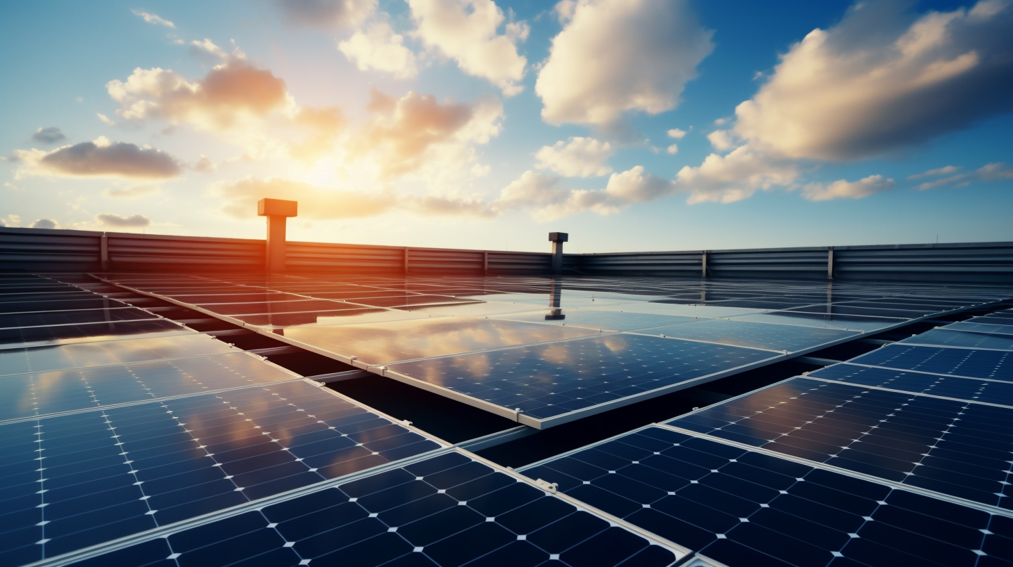 Sonnenkollektoren auf einem Dach, auf das Sonnenlicht herabstrahlt, veranschaulichen das Konzept der Solarenergieumwandlung.