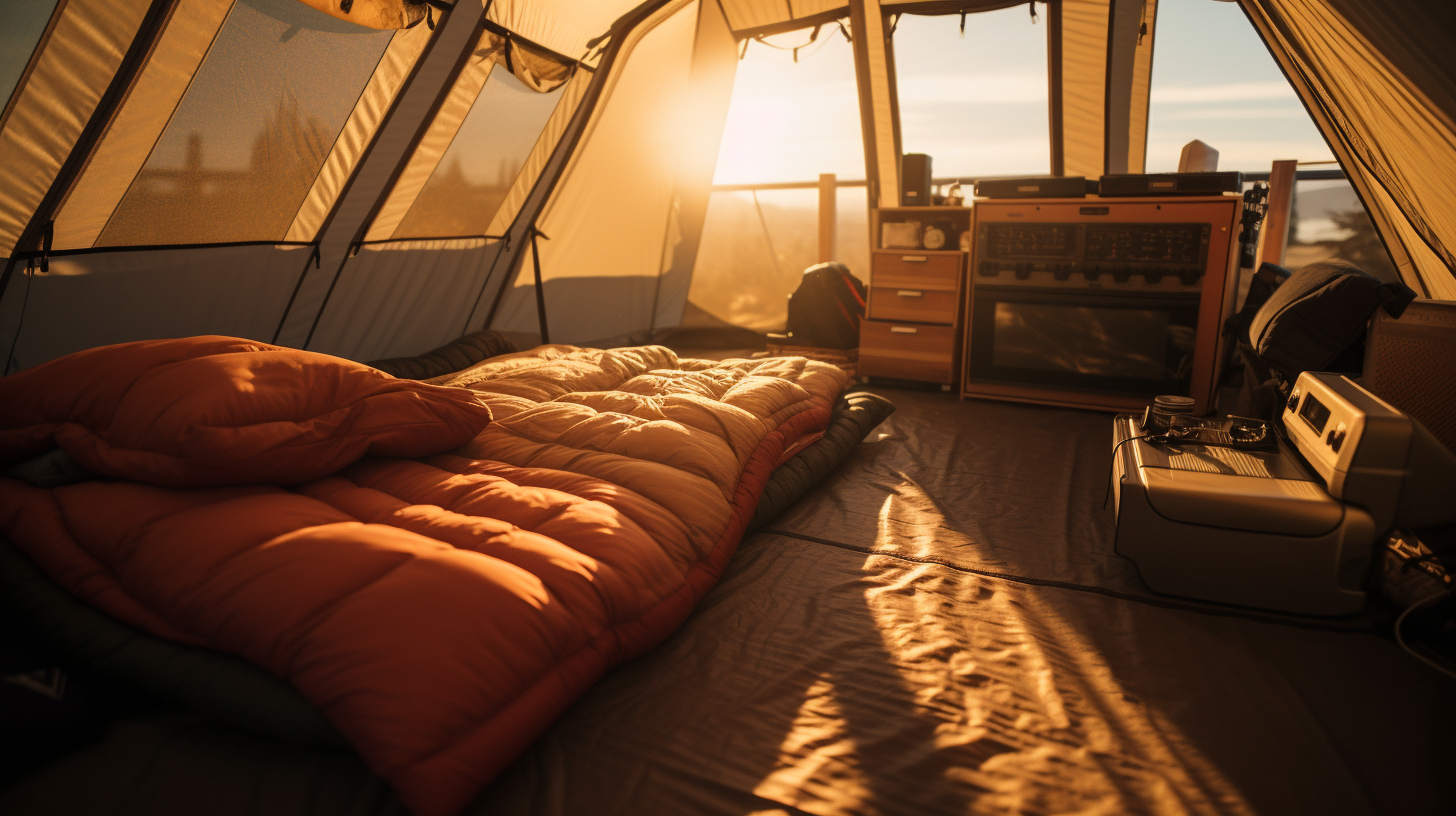 Im Inneren eines Zeltes, neben zwei schlafenden Personen in Schlafsäcken, befindet sich ein tragbares Solarladegerät, das mit einem Smartphone verbunden ist. Das Sonnenlicht strömt durch das Zelt.