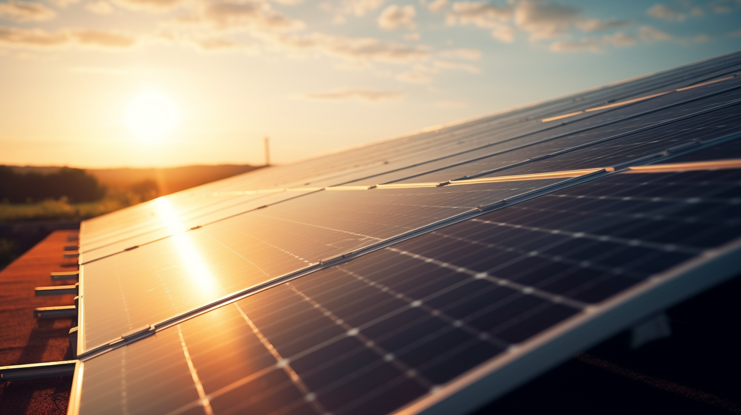 Eine Nahaufnahme von Sonnenkollektoren, auf die Sonnenlicht fällt, bringt die Idee der Solarenergieerzeugung zum Leben.