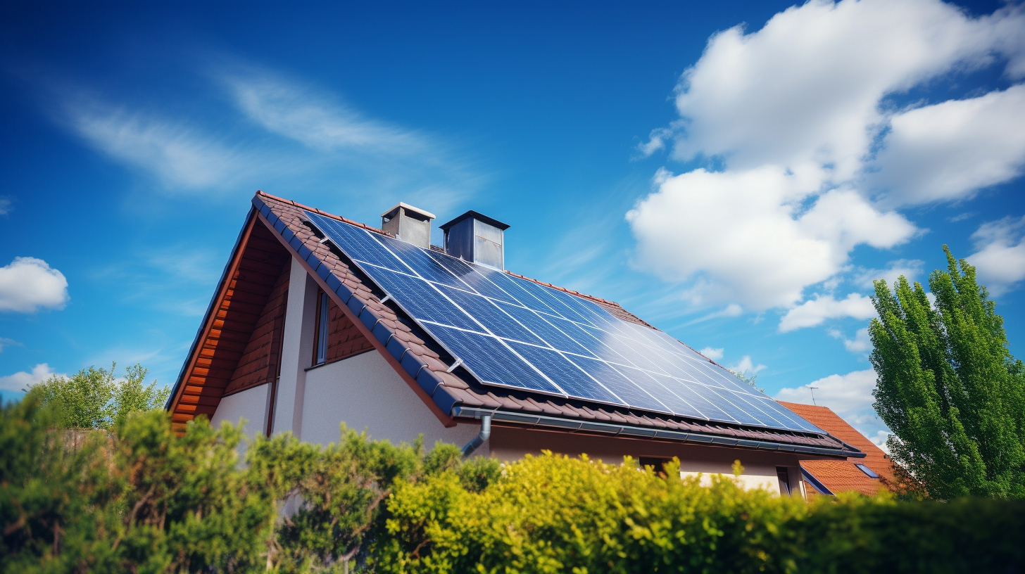 Foto eines Hauses mit einem auf dem Dach montierten Solarmodulsystem, das einen klaren sonnigen Himmel zeigt.