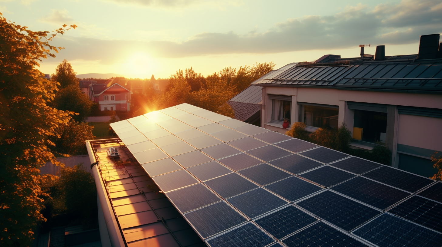 Solarpanels in Großansicht, installiert auf einem Dach und von der Sonne beschienen.