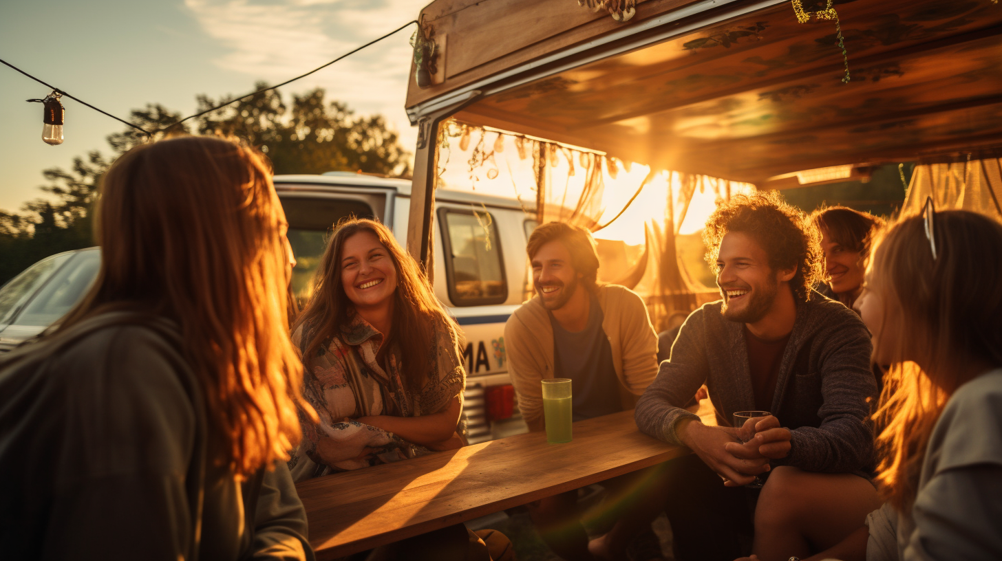 Eine Gruppe von Menschen um einen Wohnmobil herum, die lachen und ihre Zeit genießen, mit klarem Blick auf die auf dem Dach des Fahrzeugs installierten Solarzellen vor dem Hintergrund eines Sonnenuntergangs.