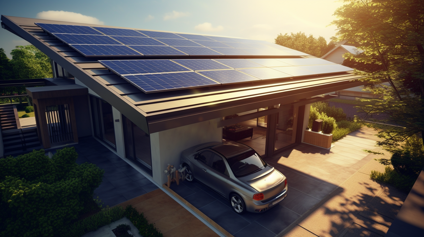 Ein Bild einer kleinen Solaranlage auf dem Dach eines Hauses, leuchtend unter der hellen Sonne. Das Bild sollte ebenfalls die Umwandlung von Sonnenlicht in Solarenergie darstellen. Es könnte auch eine Aufnahme eines Elektroautos enthalten, das mit Solarelektrizität aufgeladen wird, um einen vollständigen Energiekreislauf darzustellen.